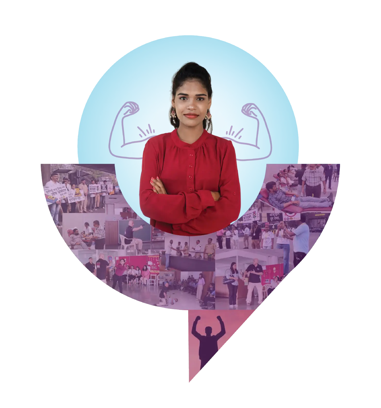 Woman standing confidently with images of community programs behind her, representing empowerment and youth development initiatives